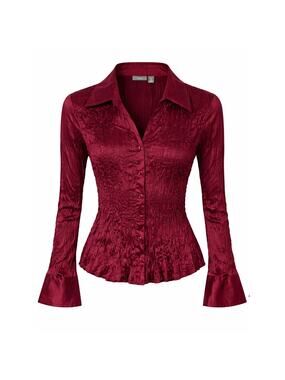 NWT 100% Silk Apt. 9 M Burgundy Wine Crinkle Satin Button-Front Blouse